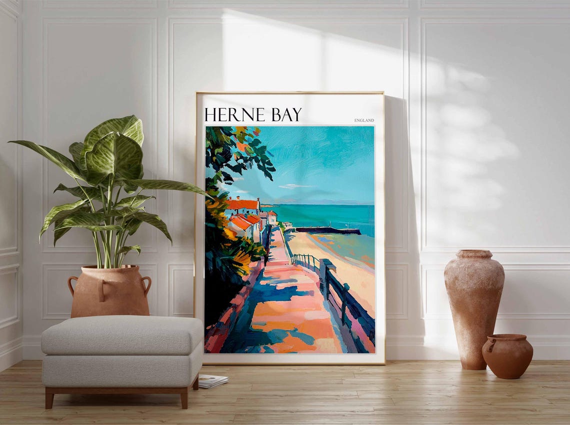 Herne Bay England Shaded Path Red Rooftops Beach Pier Poster - Image 3