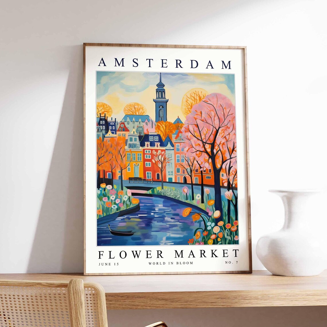 Amsterdam Flower Market Sunset Canal Blossom Grove Church Tower Poster