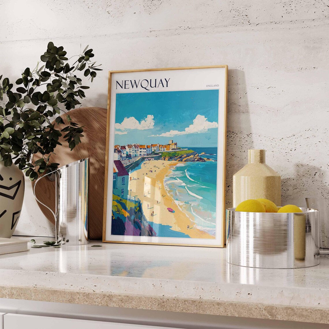 Newquay England Beach Town on Cliffs Sun Umbrella Art Poster - Image 2