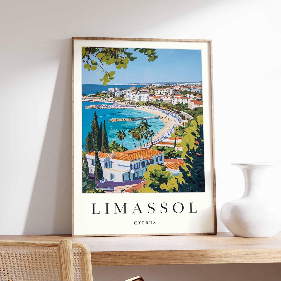 Limassol Cyprus Bay White Villa Palm Trees Sandy Beach Poster