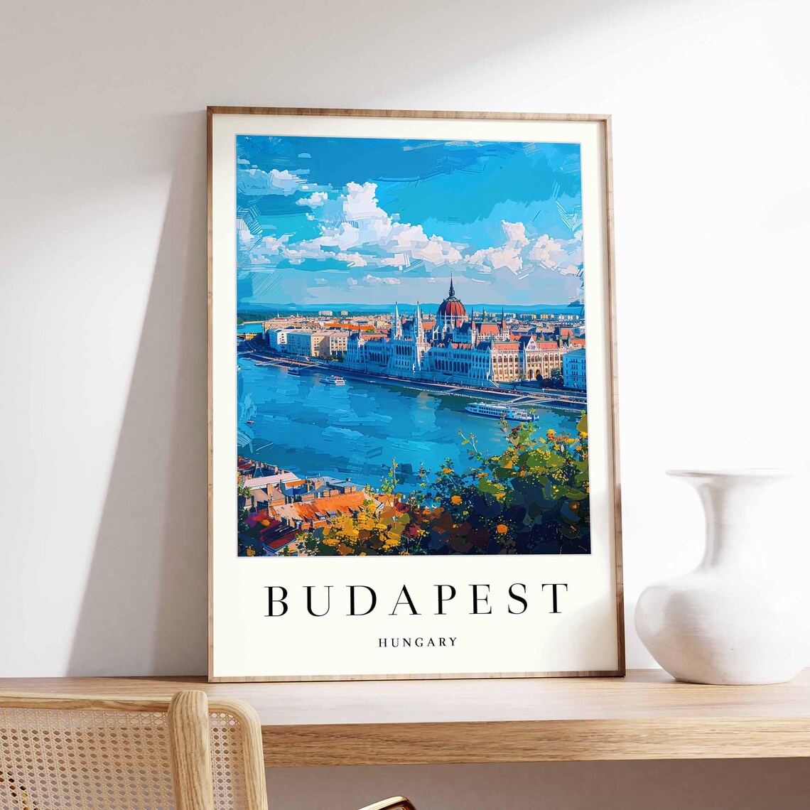 Budapest Hungary Parliament Danube River Bright Blue Sky Travel Poster