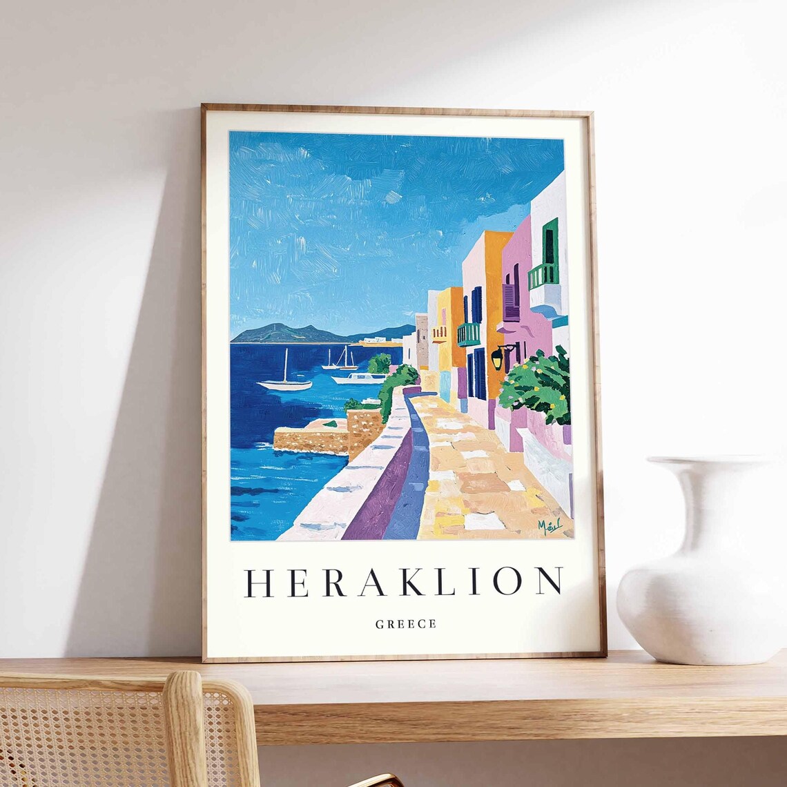 Heraklion Greece Travel Waterfront Walkway Sailboats Blue Sea Poster
