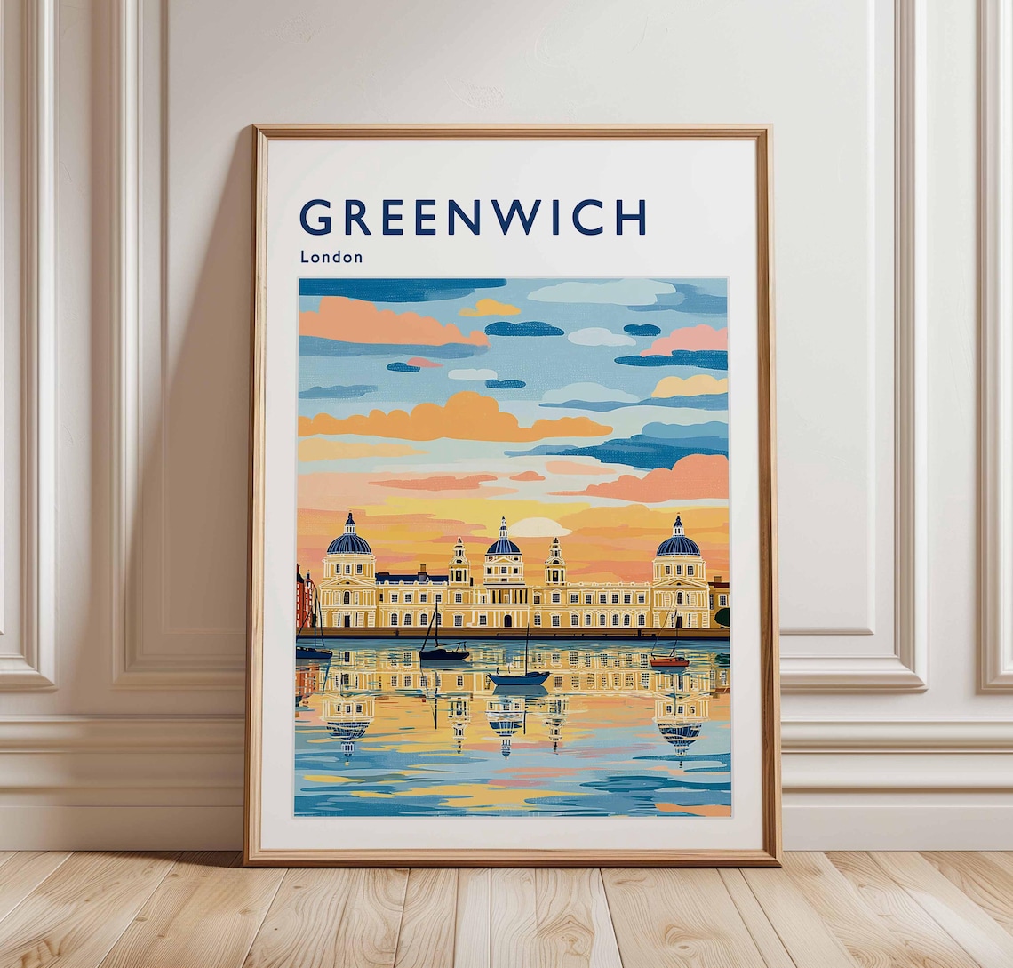 Greenwich London Thames Riverside Sunset Travel Illustration Poster