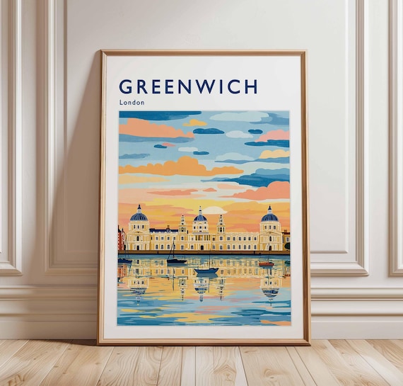 Greenwich London Thames Riverside Sunset Travel Illustration Poster