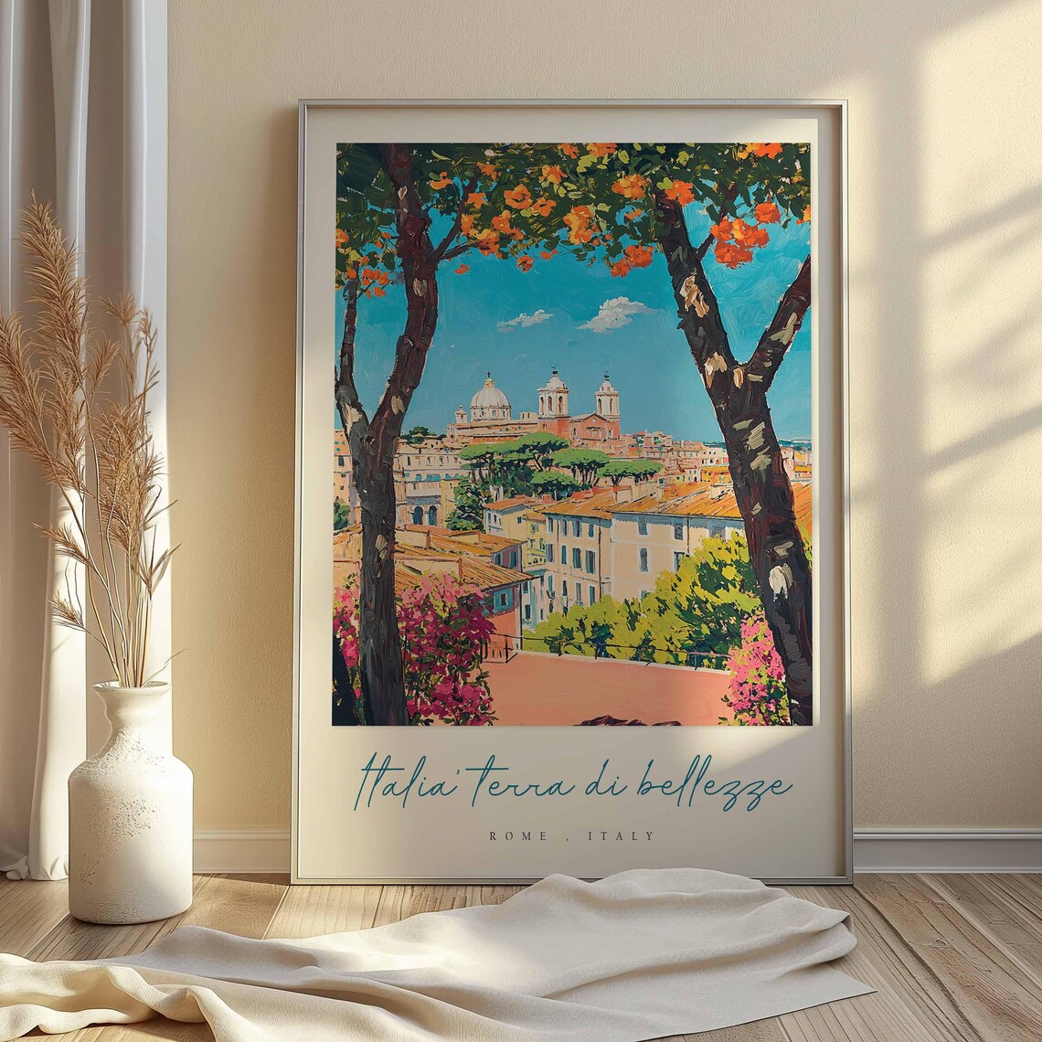 Rome Italy Flowering Trees Rooftops View Watercolor Travel Poster - Image 2