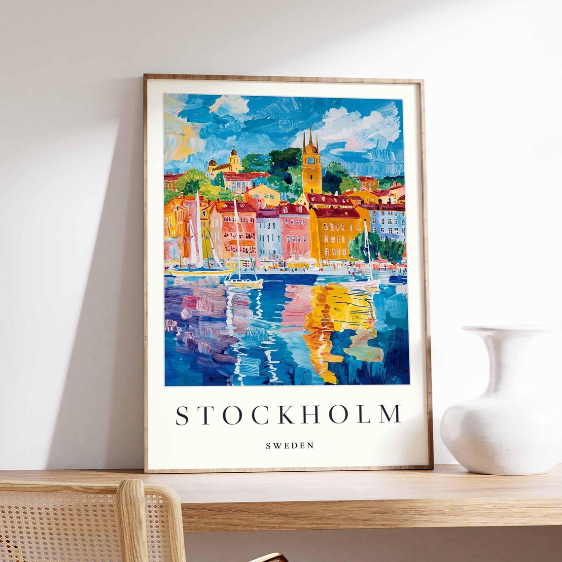 Stockholm Sweden Harbor Reflections Church Tower Watercolor Poster
