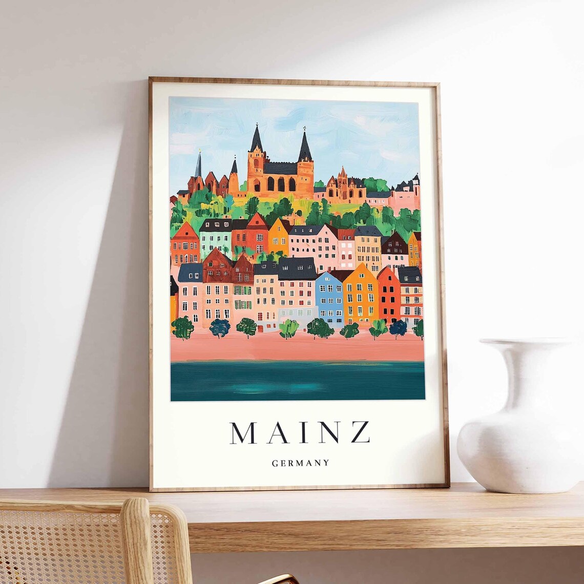 Mainz Germany Riverside Old Town Church Towers Scenic View Poster