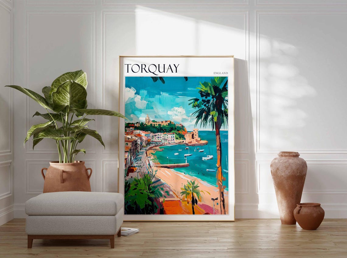 Torquay Beach Palms Hilltop Fort Boats Painterly England Coast Poster - Image 2