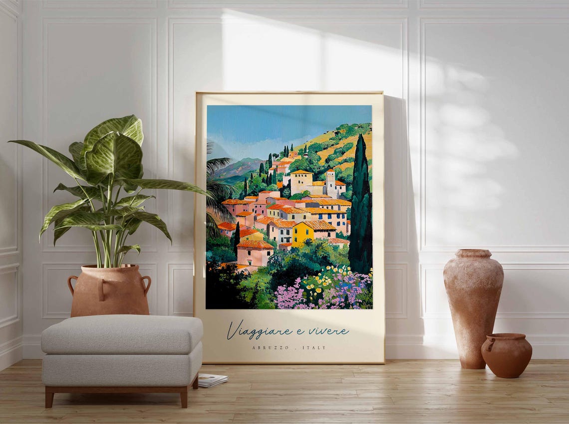 Abruzzo Hillside Town Cypress Palms Warm Golden Sunlight Poster - Image 3