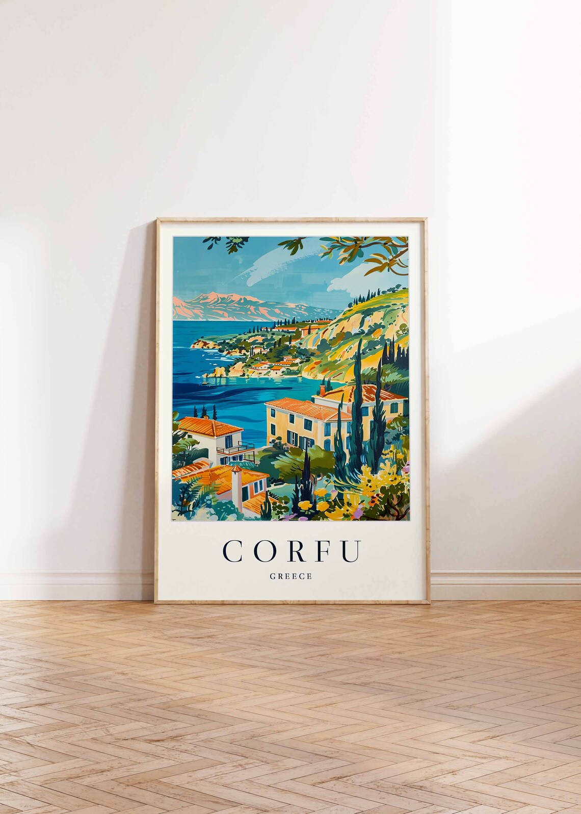Corfu Greece Coastal Hillside Travel Poster Blue Bay Village Art - Image 2