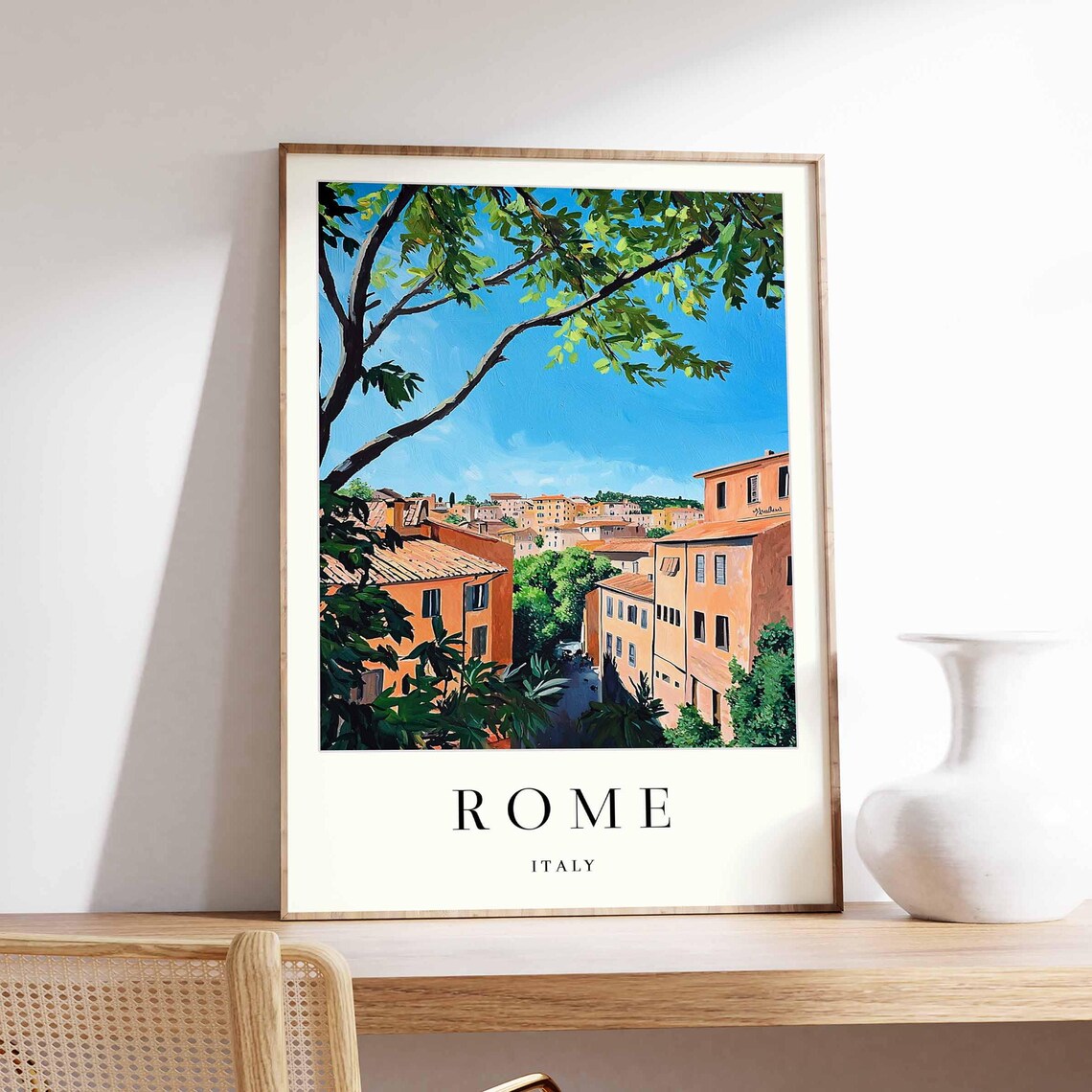 Rome Italy Lush Tree Branches Framing Terracotta Rooftops Serene Travel Poster