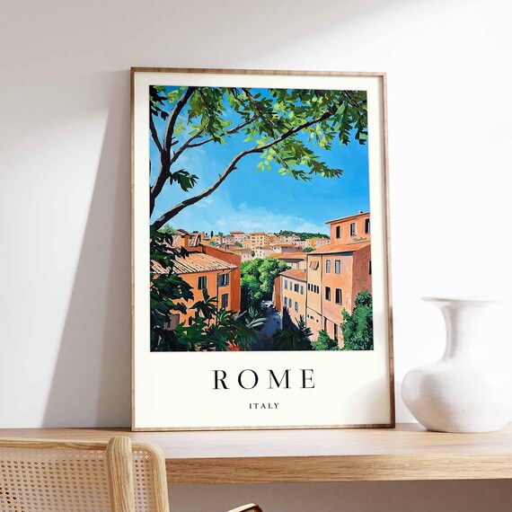 Rome Italy Lush Tree Branches Framing Terracotta Rooftops Serene Travel Poster