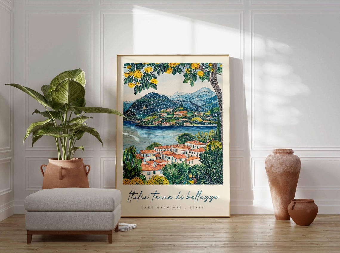 Lake Maggiore Hillside Village Red Roofs Folk Art Travel Poster - Image 3