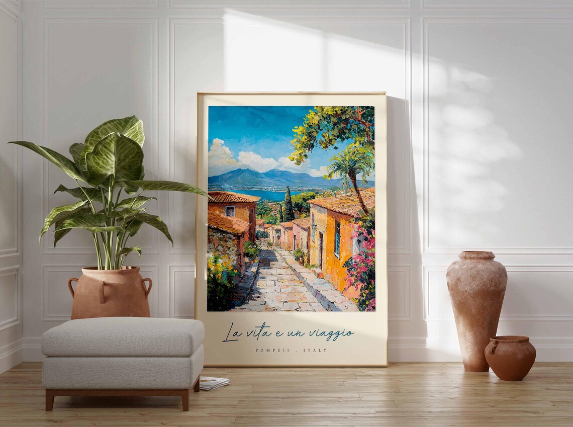 Pompeii Italy Cobblestone Street Bay Mountain Painting Travel Poster - Image 3