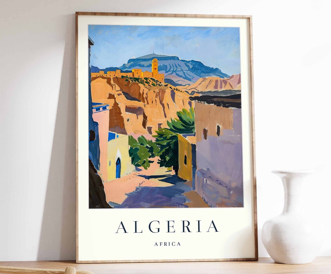 Algeria Africa Desert Cliffs Mosque Illustrated Travel Poster