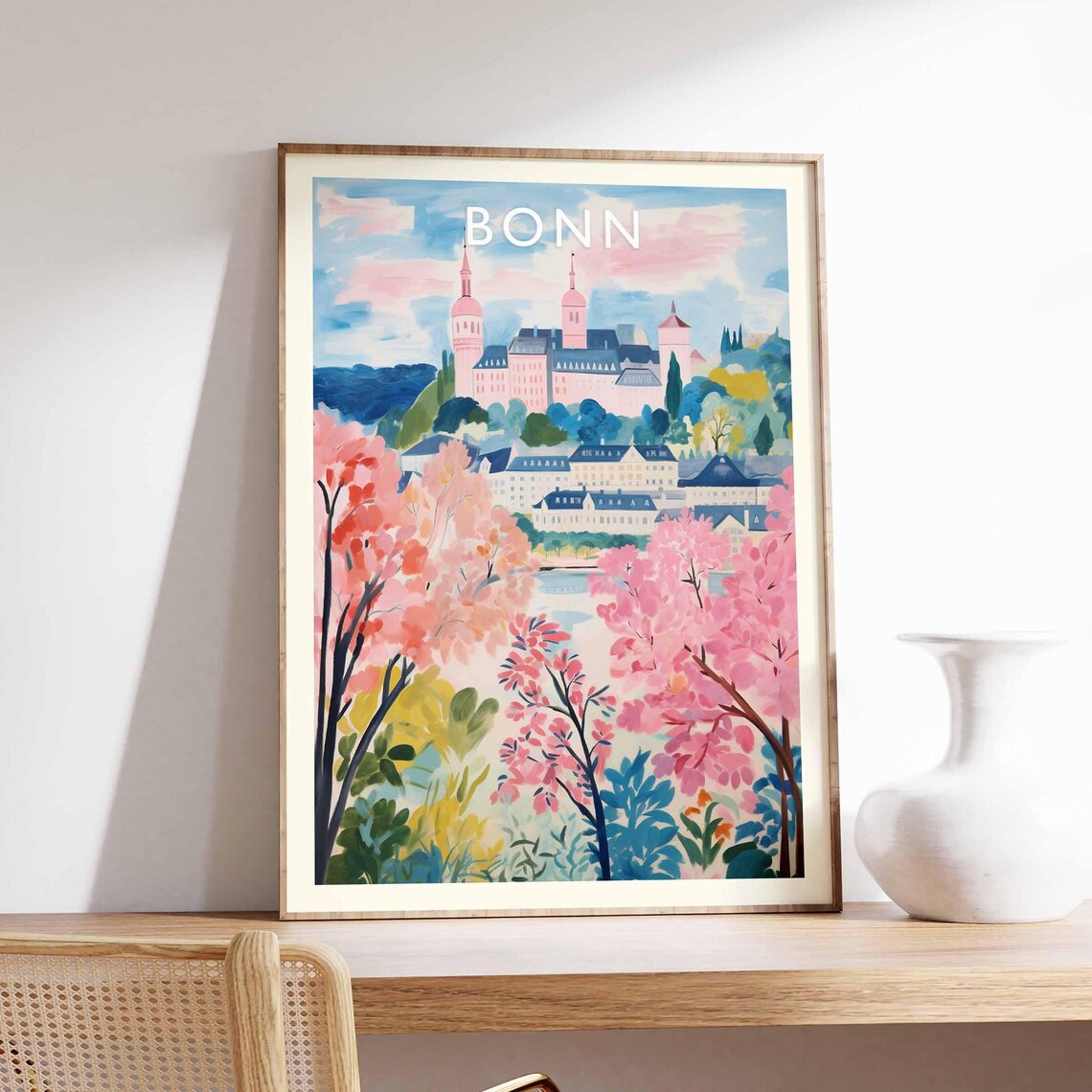 Bonn Pink Palace Hilltop Blossom Garden Germany Travel Poster