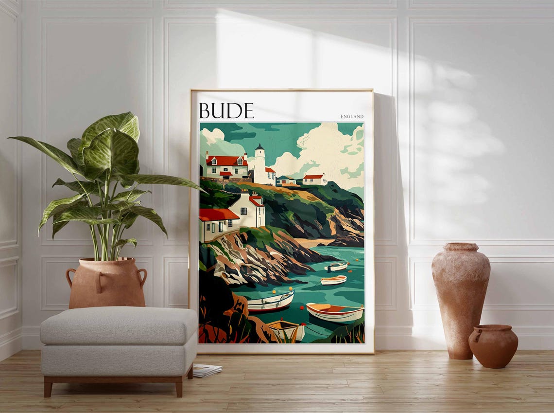 Bude Cornwall England Lighthouse Cove With Anchored Boats Poster - Image 3