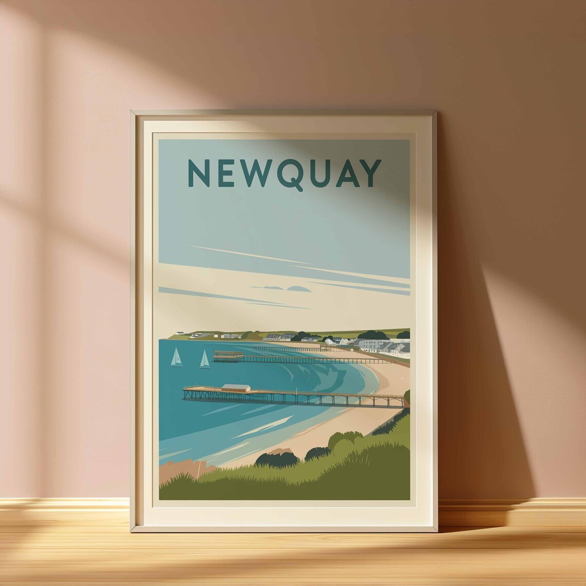 Newquay Coastal Beach and Pier Retro Illustration Travel Poster - Image 3