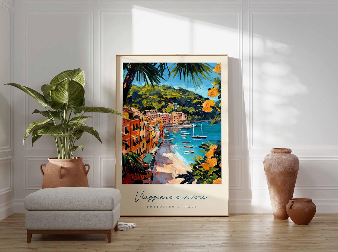 Portofino Italy Palm Framed Beach Scene Viaggiare E Vivere Poster - Image 3