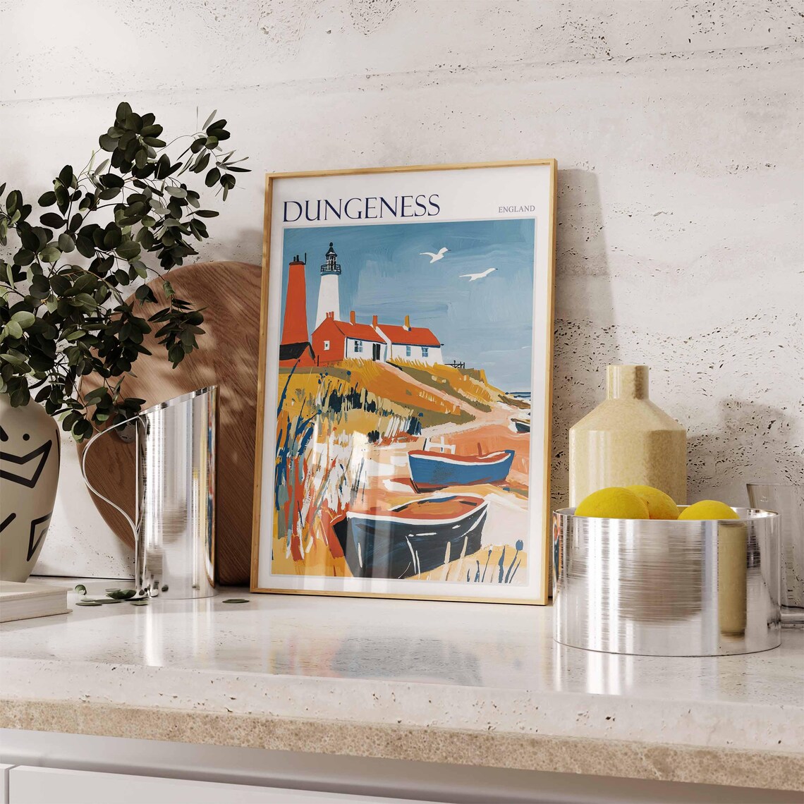 Dungeness England White Lighthouse and Beached Rowboats Poster - Image 2