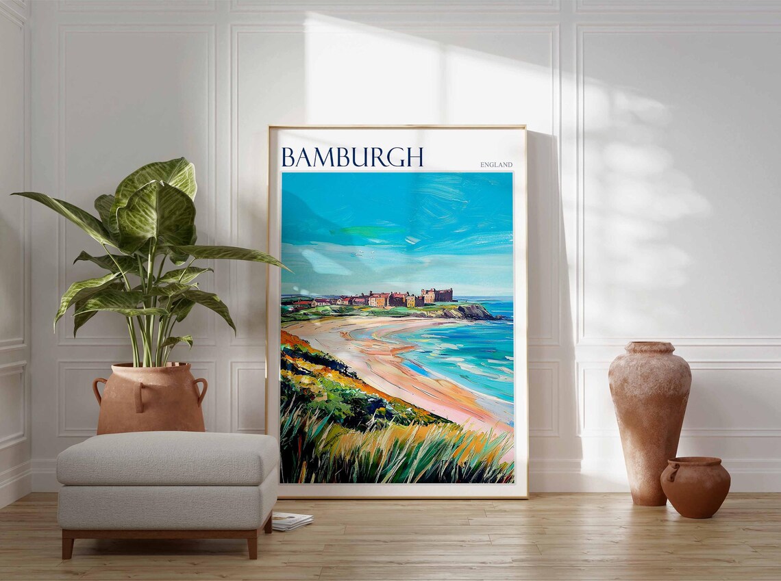Bamburgh England Castle Bay Dune Grass Art Travel Collection Poster - Image 3