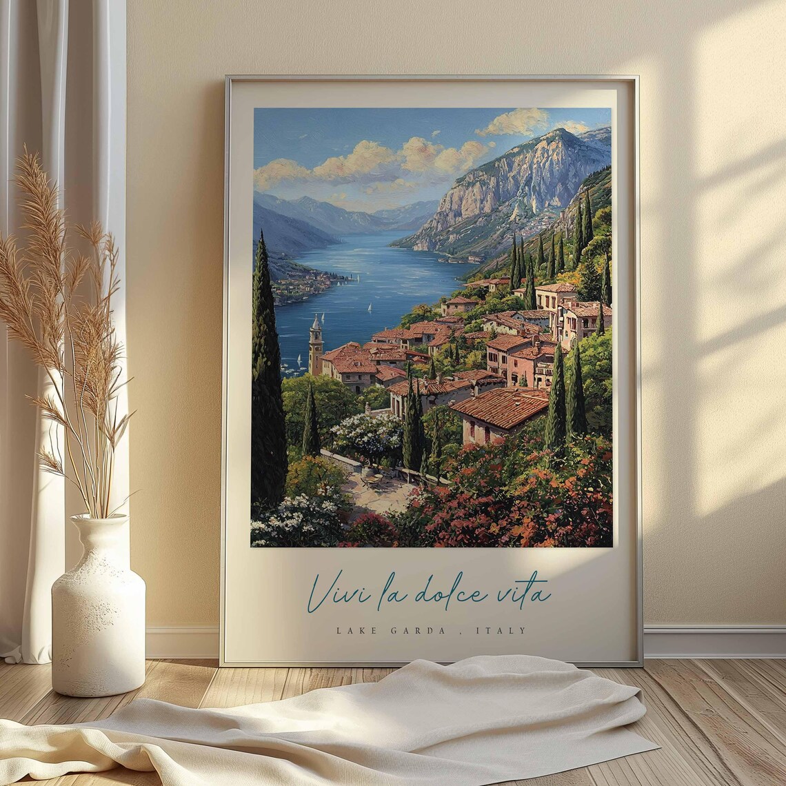 Lake Garda Italy Cypress Hilltop Village Bell Tower Lake View Poster - Image 2