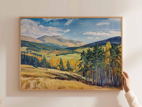Cairngorms Autumn Birch Forest Golden Meadow Hills Painting Poster
