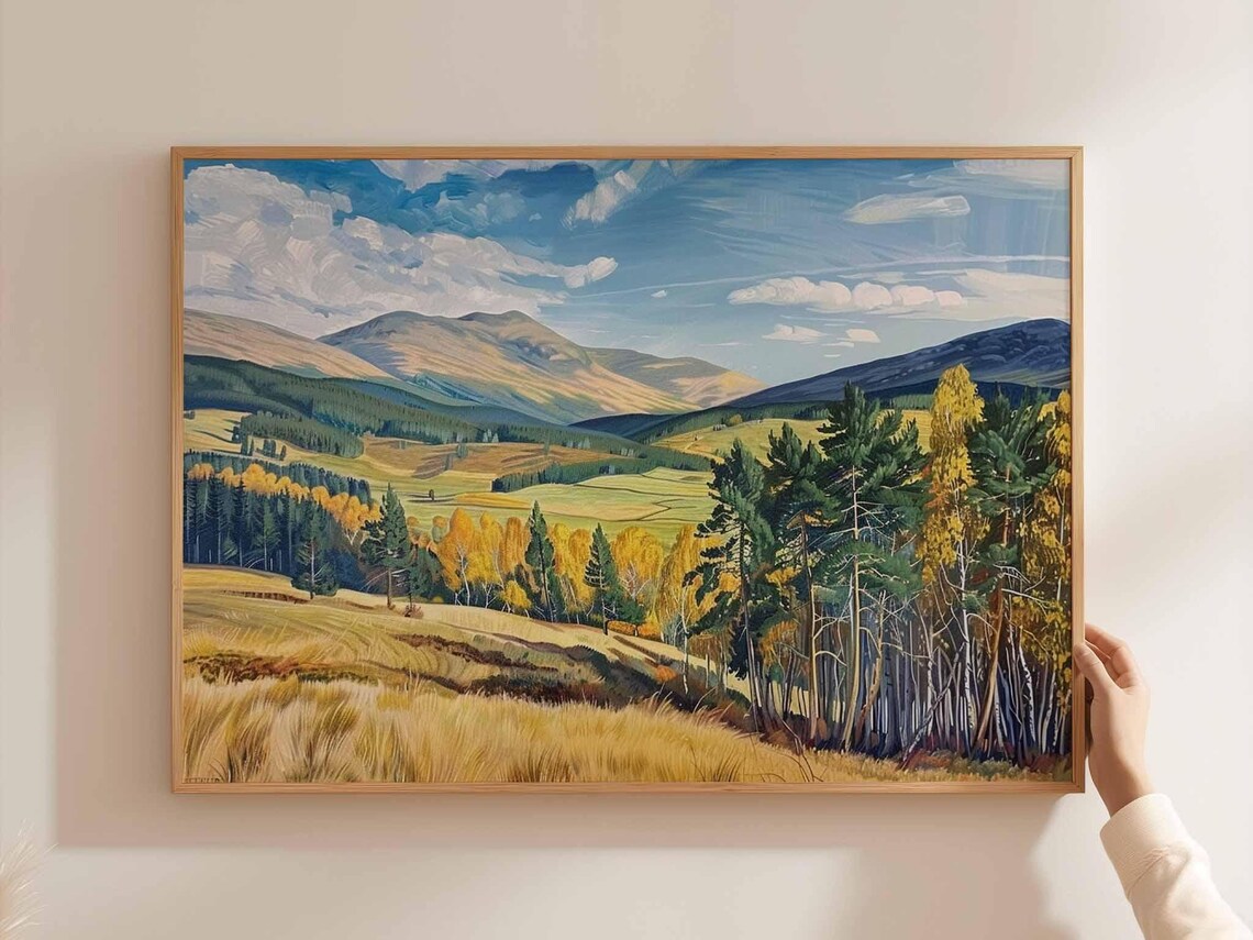 Cairngorms Autumn Birch Forest Golden Meadow Hills Painting Poster