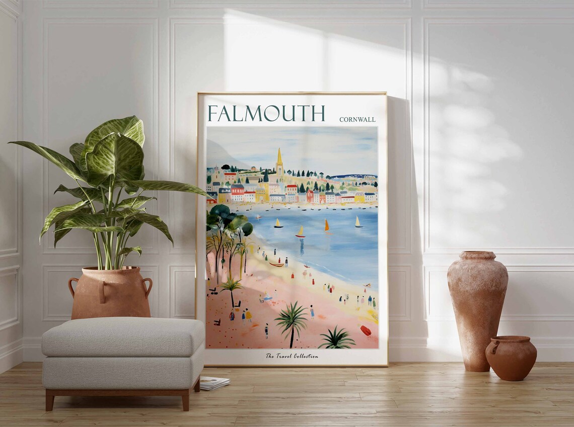Falmouth Cornwall Church Spire Town Beach Vintage Travel Poster - Image 3
