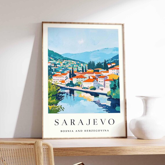 Sarajevo Bosnia River Old Town Red Roofs Vintage Travel Poster Art