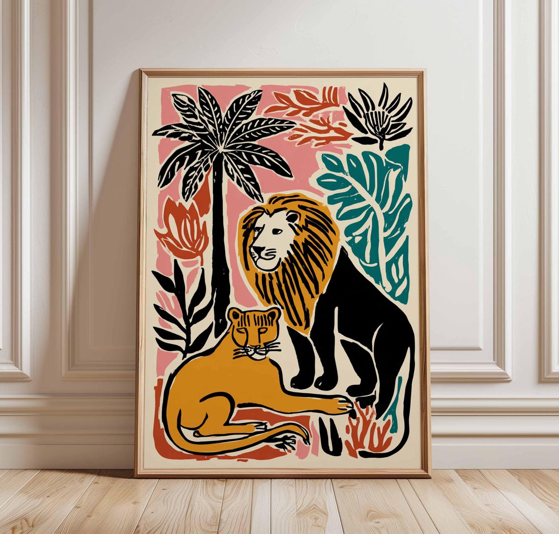 Lion and Lioness Stylized Jungle Colorful Retro Safari Art Poster