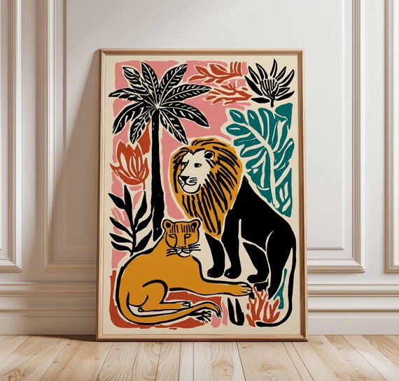 Lion and Lioness Stylized Jungle Colorful Retro Safari Art Poster