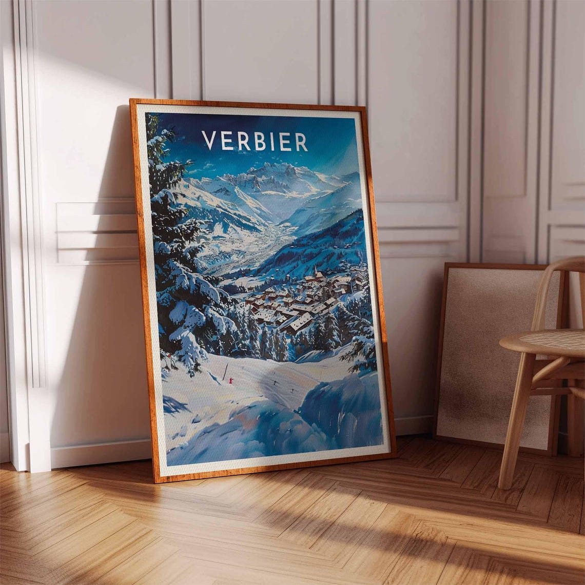 Verbier Switzerland Deep Blue Valley Skiers Alpine Travel Poster - Image 3