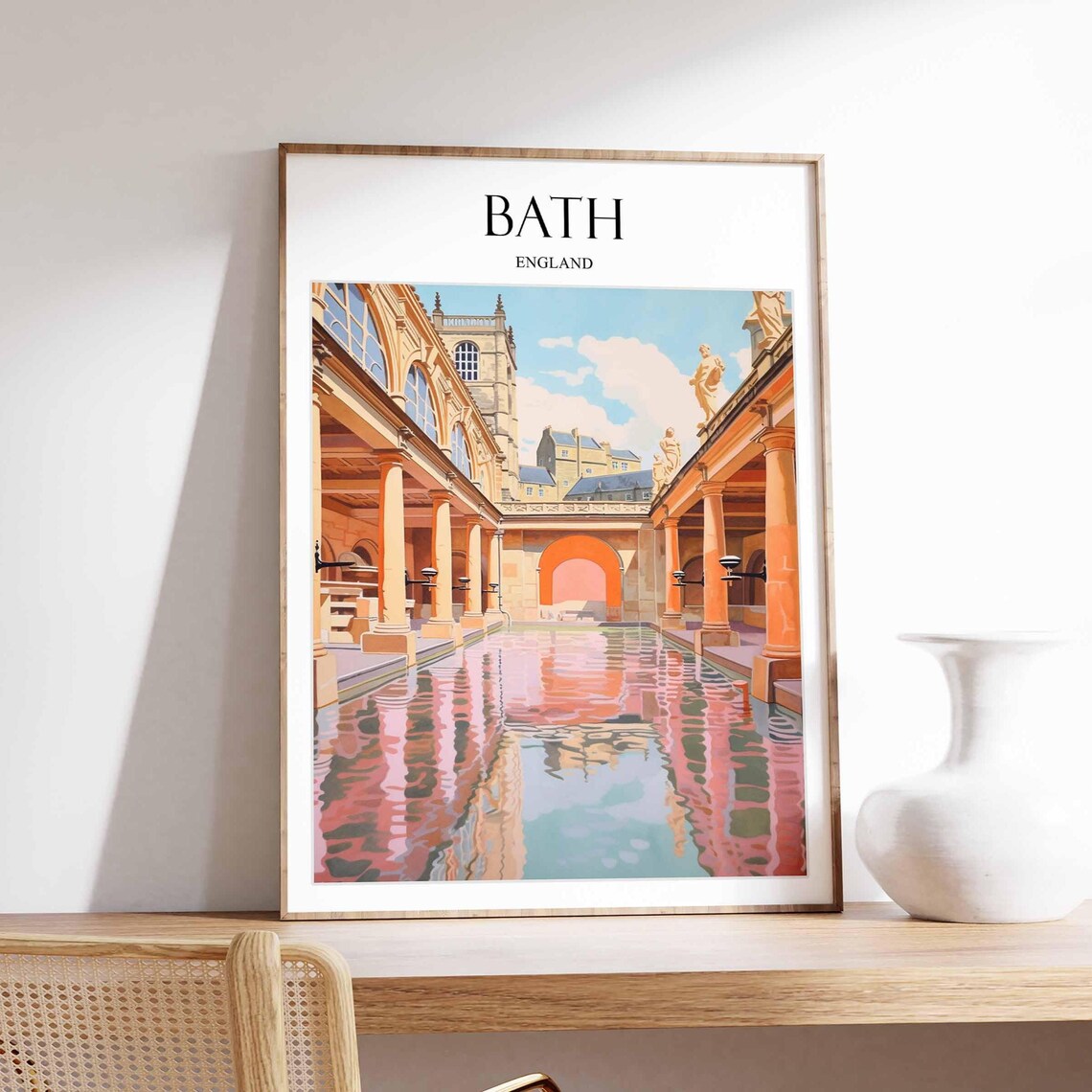 Bath England Travel Poster, Roman Baths Illustration