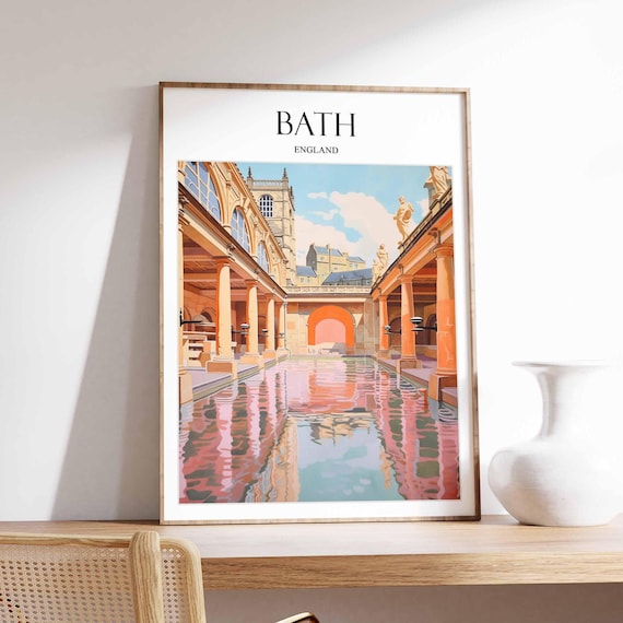 Bath England Travel Poster, Roman Baths Illustration