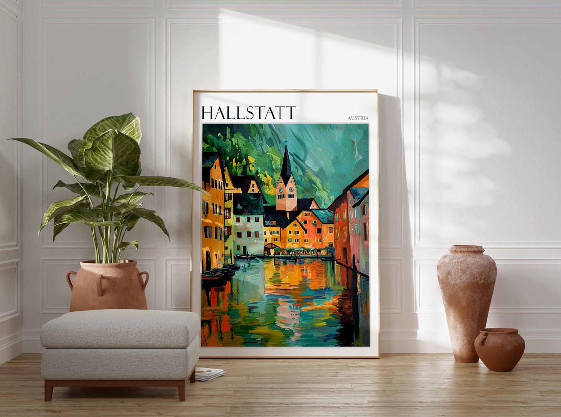 Hallstatt Austria Waterfront Houses Impressionist Sunset Poster - Image 2
