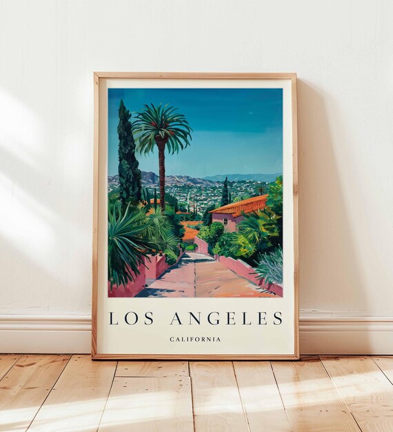 Los Angeles California Palm Walkway Hills View Travel Poster