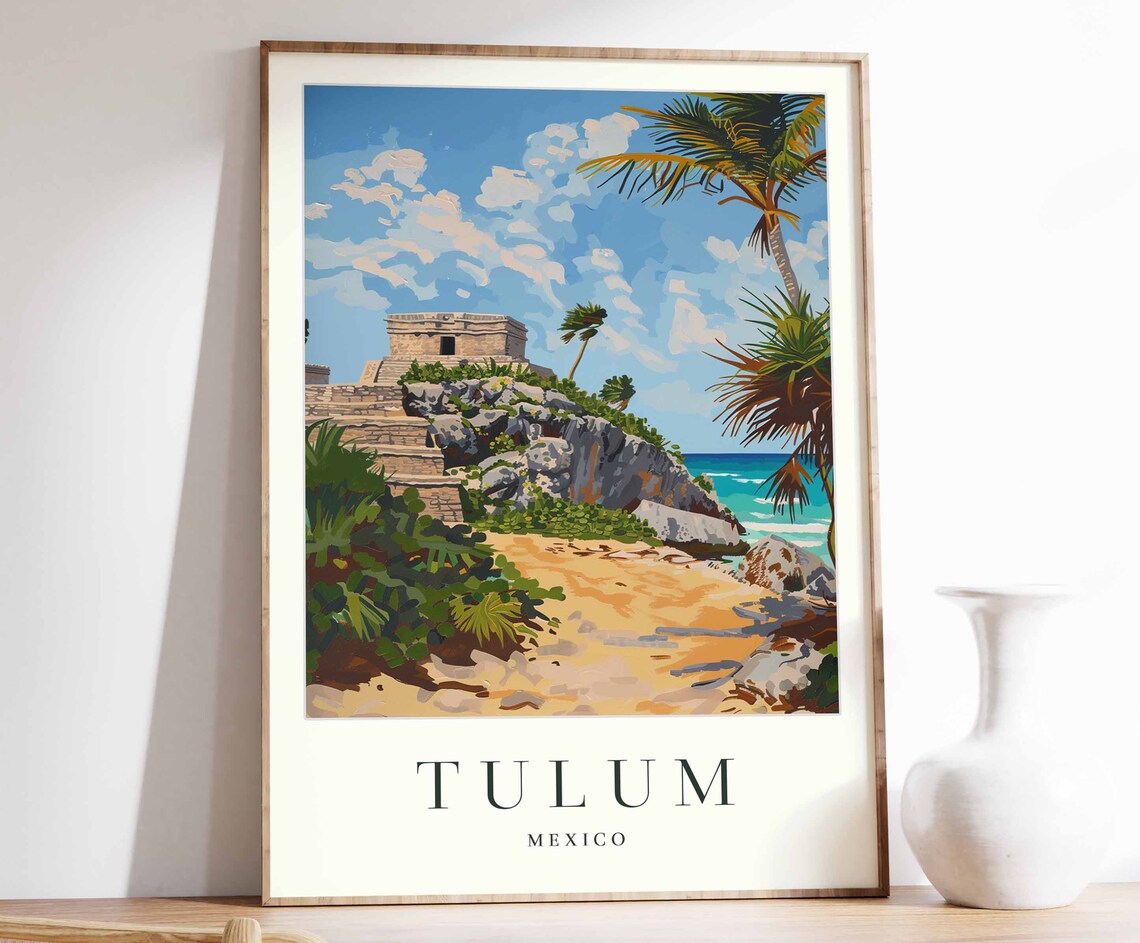 Tulum Mexico Mayan Ruins Clifftop Palms Beach Caribbean Travel Poster