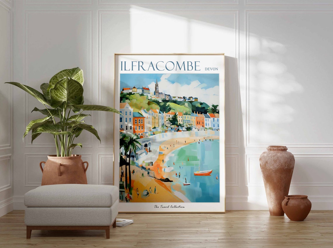 Ilfracombe Devon Harbor Boats Palm Tree Town Beach View Poster - Image 3