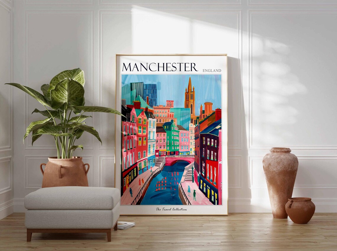 Manchester England Colorful Cityscape Canal Travel Art Poster - Image 3