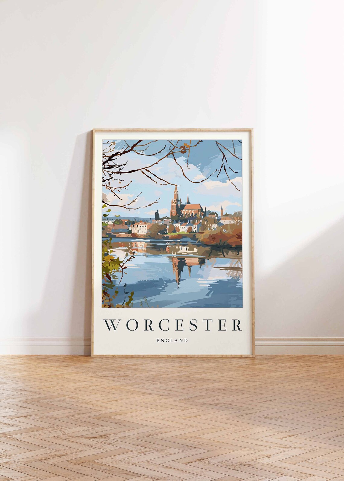 Worcester England Travel Poster Cathedral River Reflection Autumn Art - Image 2