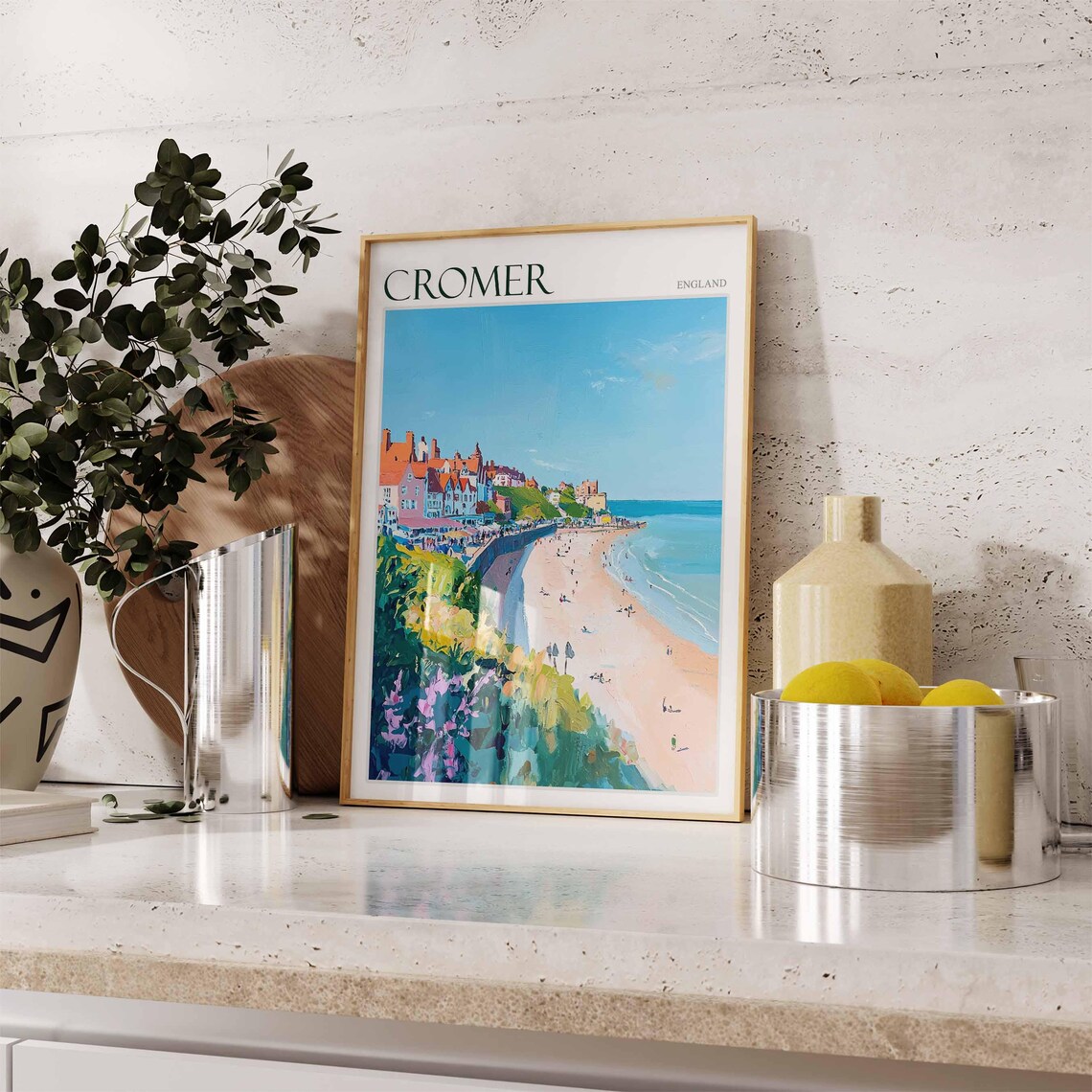 Cromer England Long Pier Stretching Toward the Town on the Cliff Poster - Image 2