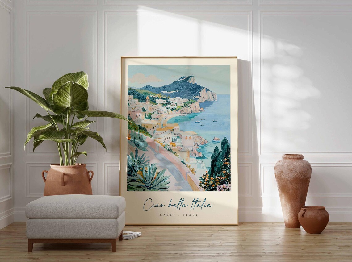 Capri Italy Ciao Bella Italia Pastel Seaside Town Painting Poster - Image 3