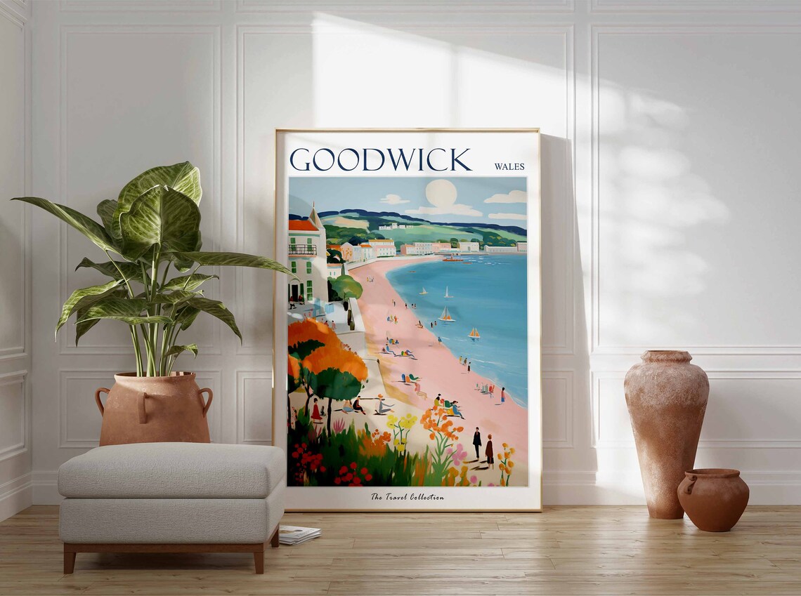 Goodwick Wales Sunlit Beach Promenade White Seafront Houses Poster - Image 3