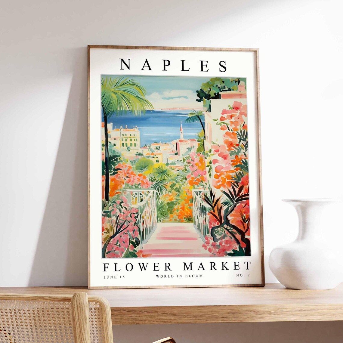 Naples Flower Market Floral Staircase Overlooking the Sea Poster