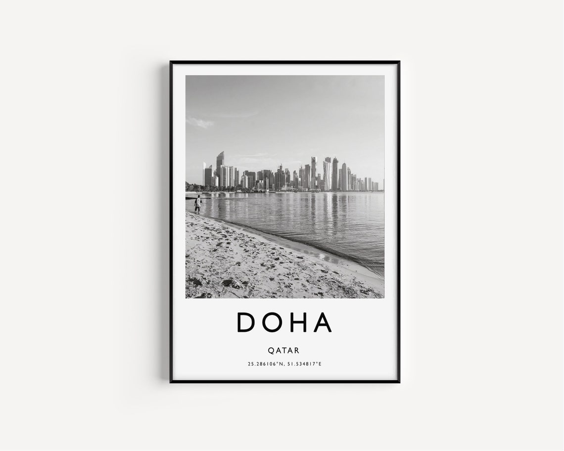 Doha Qatar Black White Travel Poster Skyline Beach Photo Minimal Art - Image 3