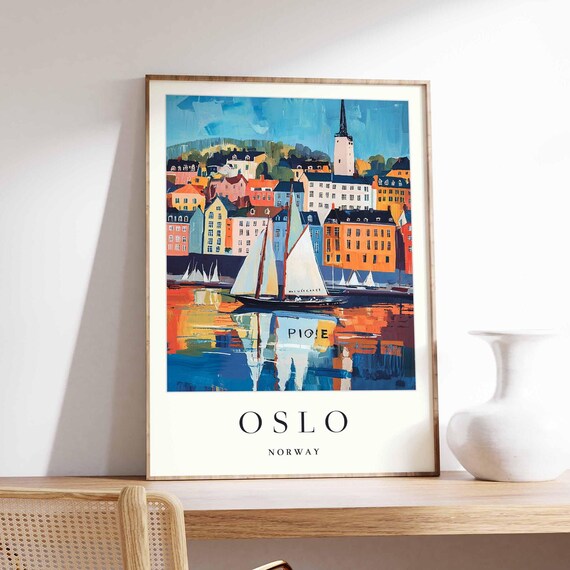 Oslo Norway Impressionist Harbor Sailboats Sunset Reflection Poster