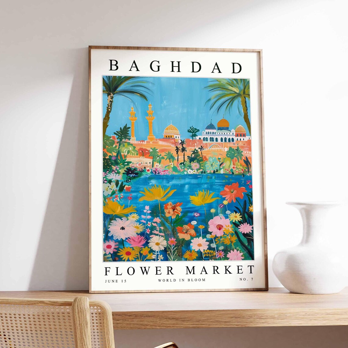 Baghdad River Promenade Golden Minarets Bloom Flower Market Poster