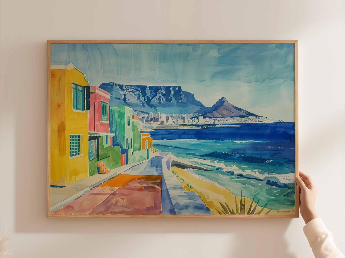 Cape Town Colorful Street Beach Watercolor Table Mountain Poster
