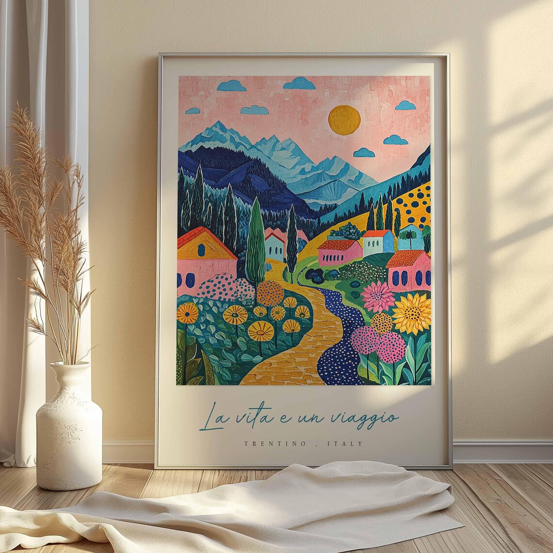 Trentino Italy Folk Art Village Painting Sunflowers Mountains Poster - Image 2